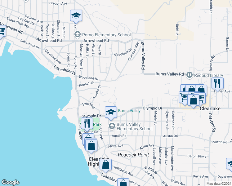 map of restaurants, bars, coffee shops, grocery stores, and more near 14304 Redbud Lane in Clearlake
