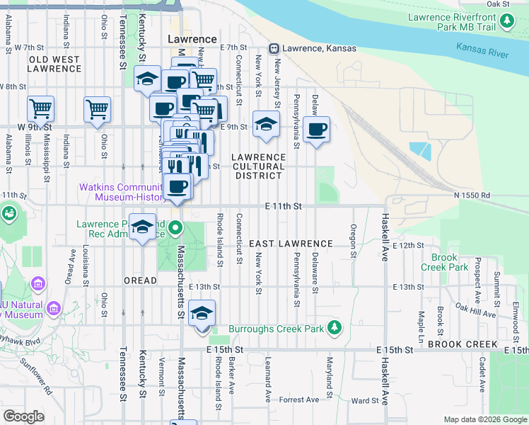 map of restaurants, bars, coffee shops, grocery stores, and more near 1045 New Jersey Street in Lawrence