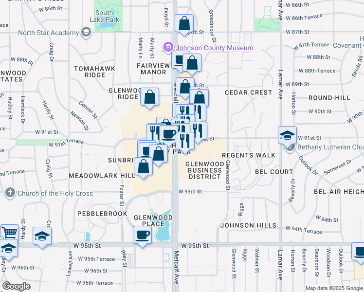 map of restaurants, bars, coffee shops, grocery stores, and more near 6875 West 91st Street in Overland Park