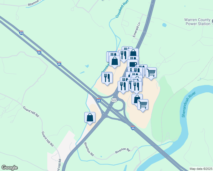 map of restaurants, bars, coffee shops, grocery stores, and more near 10 Crooked Run Plaza in Front Royal
