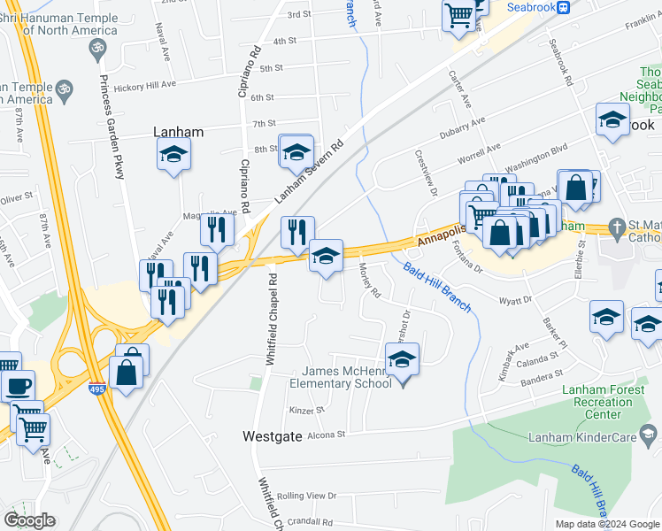 map of restaurants, bars, coffee shops, grocery stores, and more near 5634 Westgate Road in Lanham