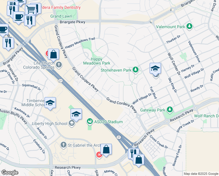 map of restaurants, bars, coffee shops, grocery stores, and more near Rollins Pass Court in Colorado Springs