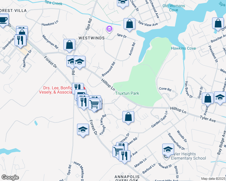 map of restaurants, bars, coffee shops, grocery stores, and more near 290 Hilltop Lane in Annapolis