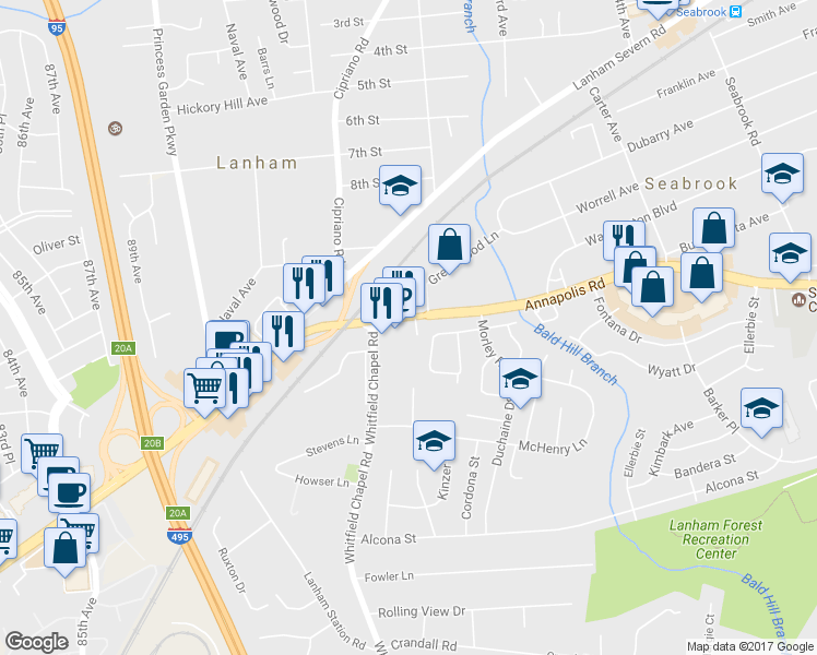 map of restaurants, bars, coffee shops, grocery stores, and more near 9119 Annapolis Rd in Lanham-Seabrook