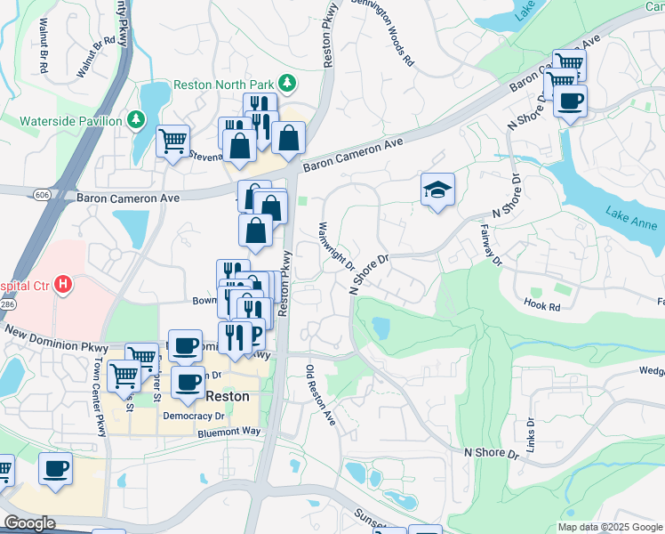 map of restaurants, bars, coffee shops, grocery stores, and more near 1702 Ascot Way in Reston