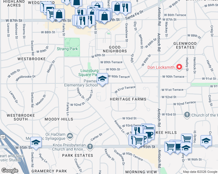 map of restaurants, bars, coffee shops, grocery stores, and more near 9100 England Street in Overland Park