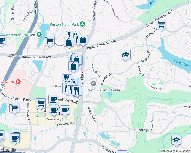 map of restaurants, bars, coffee shops, grocery stores, and more near 1704 Ascot Way in Reston