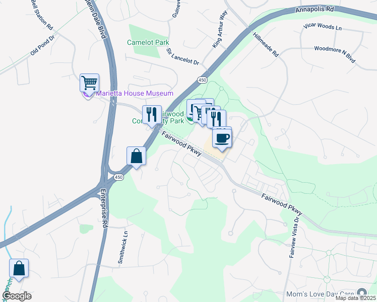 map of restaurants, bars, coffee shops, grocery stores, and more near 12410 Gladys Retreat Circle in Bowie