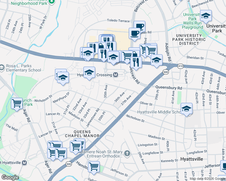 map of restaurants, bars, coffee shops, grocery stores, and more near 101 Independence Avenue Southeast in Washington