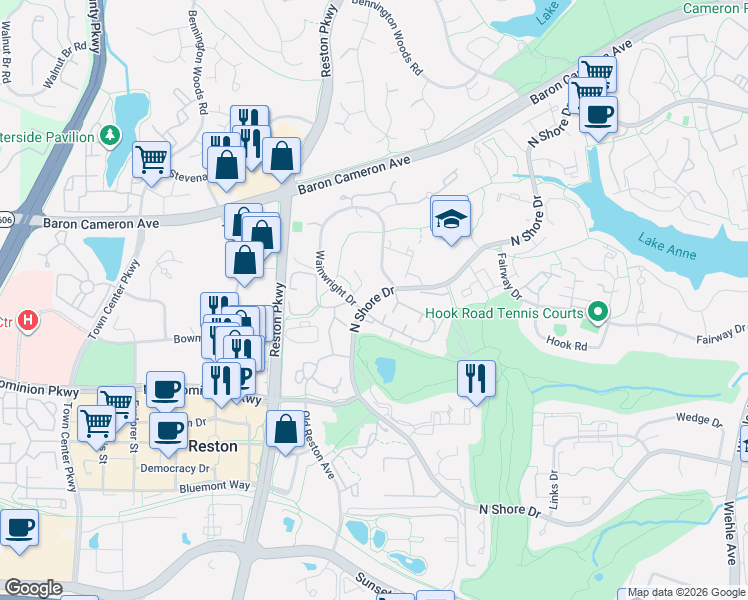 map of restaurants, bars, coffee shops, grocery stores, and more near 11511 Sunset Hills Road in Reston
