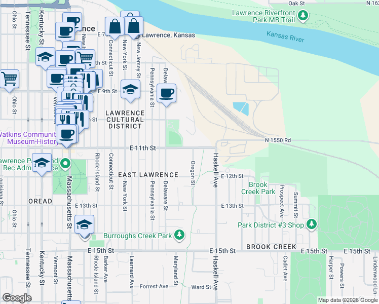 map of restaurants, bars, coffee shops, grocery stores, and more near 800-848 East 11th Street in Lawrence