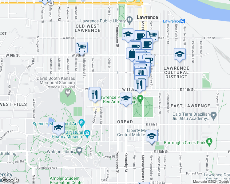 map of restaurants, bars, coffee shops, grocery stores, and more near 1045 Tennessee Street in Lawrence