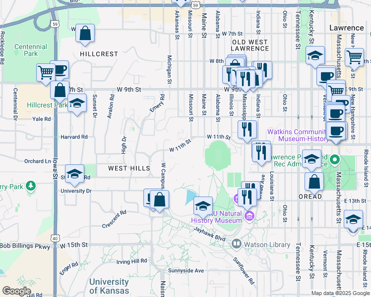 map of restaurants, bars, coffee shops, grocery stores, and more near 1130 West 11th Street in Lawrence