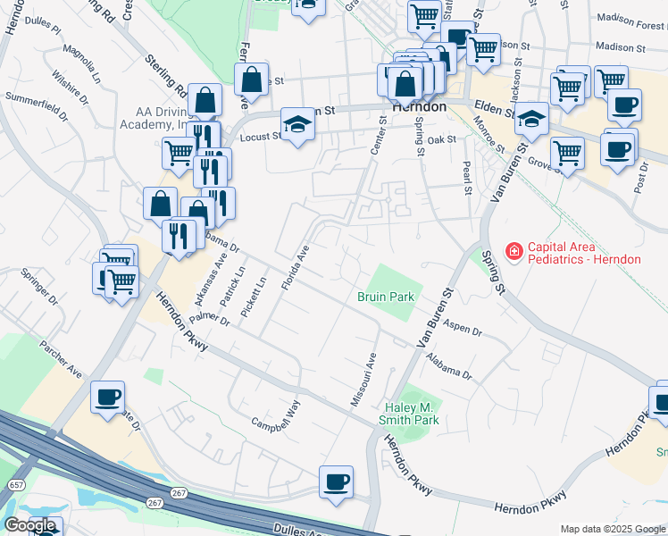 map of restaurants, bars, coffee shops, grocery stores, and more near 527 Dakota Drive in Herndon