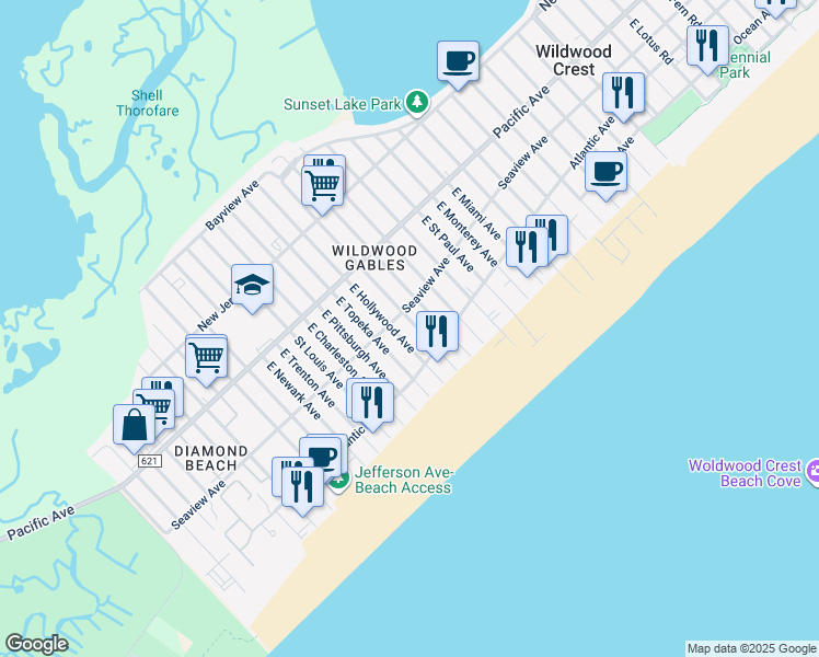 map of restaurants, bars, coffee shops, grocery stores, and more near 302 East Syracuse Avenue in Wildwood Crest