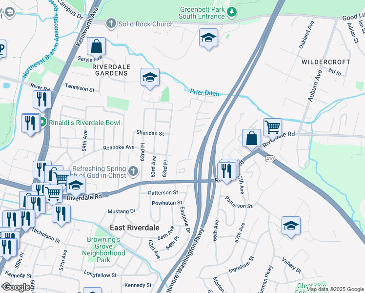 map of restaurants, bars, coffee shops, grocery stores, and more near 6127 64th Avenue in Riverdale Park