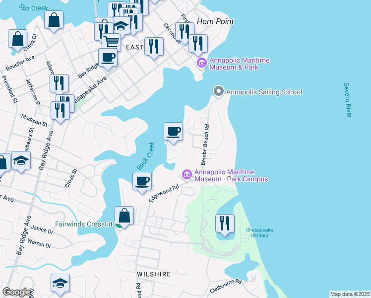 map of restaurants, bars, coffee shops, grocery stores, and more near 7082 Bembe Beach Road in Annapolis