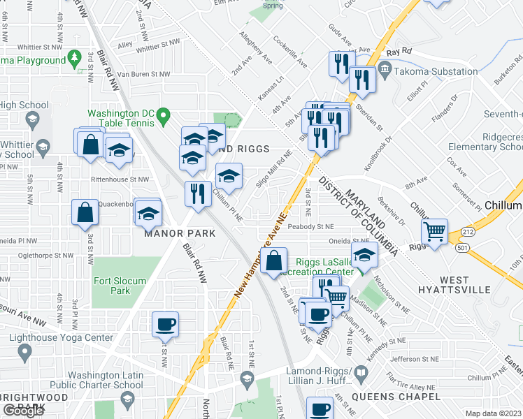 map of restaurants, bars, coffee shops, grocery stores, and more near 6007 McLean Place Northeast in Washington