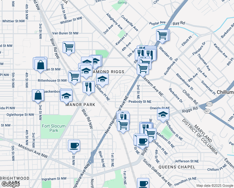 map of restaurants, bars, coffee shops, grocery stores, and more near 6007 McLean Place Northeast in Washington