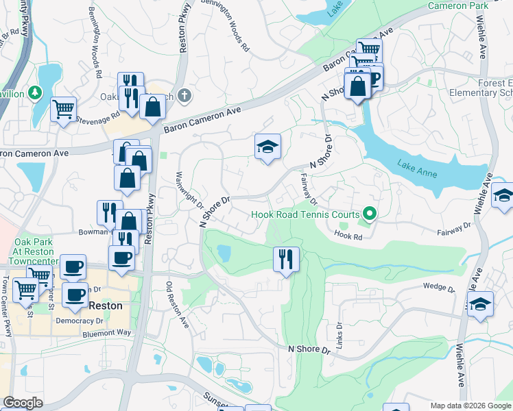map of restaurants, bars, coffee shops, grocery stores, and more near 11611 Clubhouse Court in Reston
