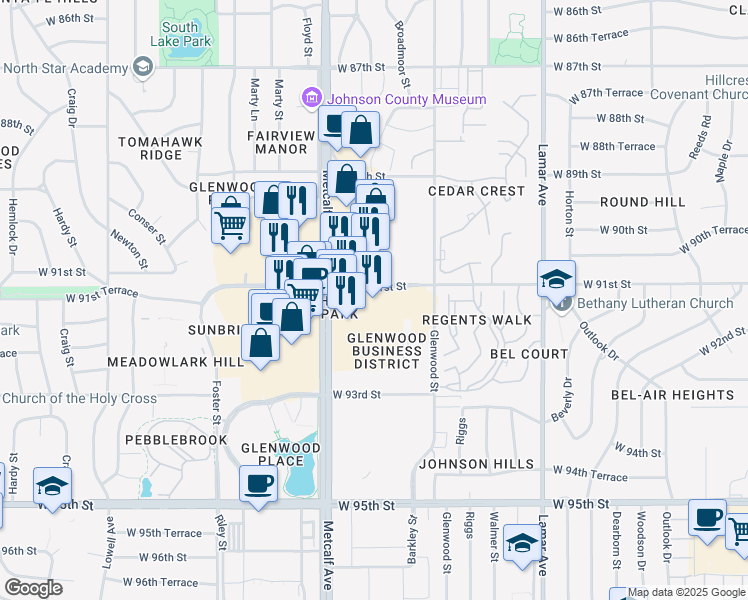 map of restaurants, bars, coffee shops, grocery stores, and more near 6801 W 91st St in Overland Park