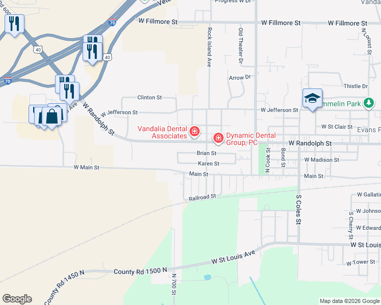 map of restaurants, bars, coffee shops, grocery stores, and more near 2309 Brian Street in Vandalia