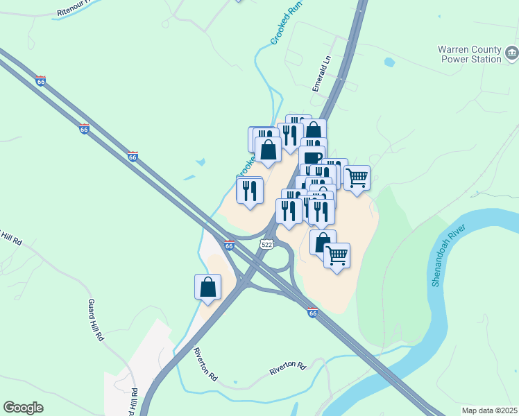 map of restaurants, bars, coffee shops, grocery stores, and more near 10 Crooked Run Plaza in Front Royal