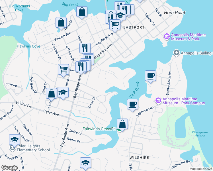 map of restaurants, bars, coffee shops, grocery stores, and more near 655 Americana Drive in Annapolis