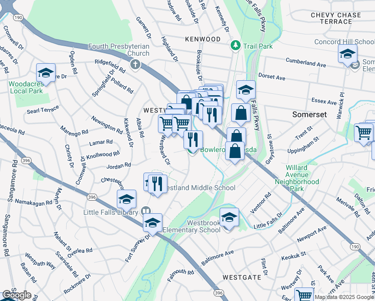map of restaurants, bars, coffee shops, grocery stores, and more near Westbard Avenue in Bethesda