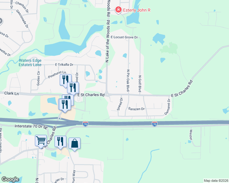 map of restaurants, bars, coffee shops, grocery stores, and more near 1312 N Lake of the Woods Rd in Columbia