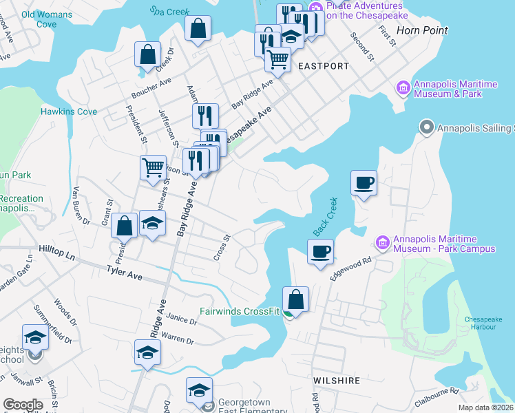 map of restaurants, bars, coffee shops, grocery stores, and more near 655 Americana Drive in Annapolis