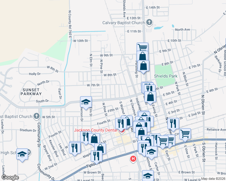 map of restaurants, bars, coffee shops, grocery stores, and more near 628 North Poplar Street in Seymour