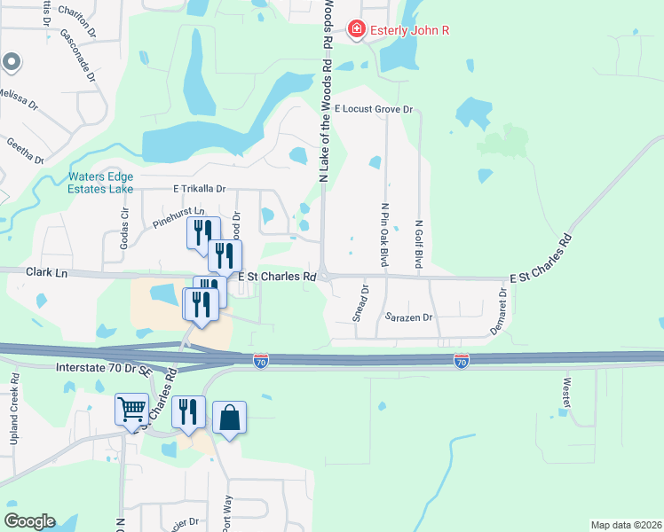 map of restaurants, bars, coffee shops, grocery stores, and more near 1312 N Lake of the Woods Rd in Columbia