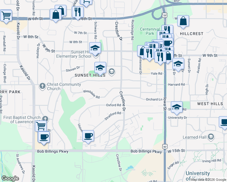 map of restaurants, bars, coffee shops, grocery stores, and more near 2610 Westdale Road in Lawrence