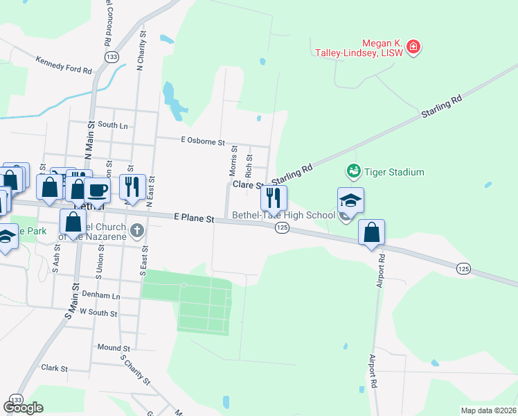 map of restaurants, bars, coffee shops, grocery stores, and more near 125 Starling Road in Bethel