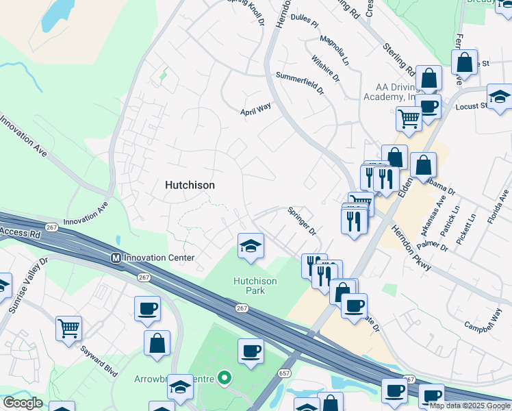 map of restaurants, bars, coffee shops, grocery stores, and more near 2206 Frear Place in Herndon