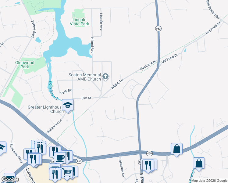 map of restaurants, bars, coffee shops, grocery stores, and more near 10806 Bell Road in Lanham