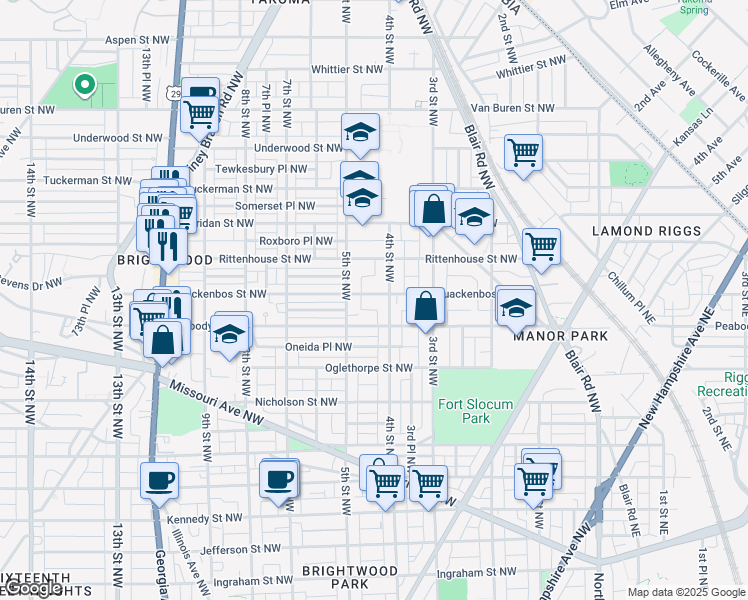 map of restaurants, bars, coffee shops, grocery stores, and more near 412 Quackenbos Street Northwest in Washington