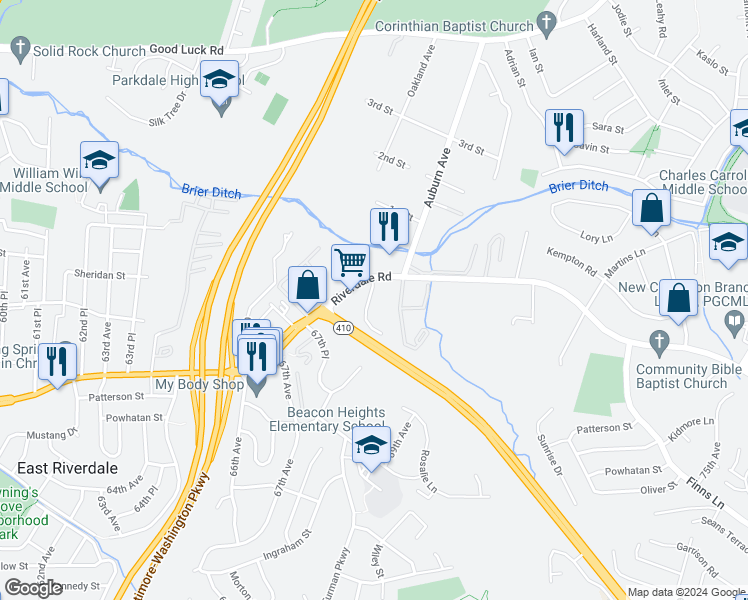 map of restaurants, bars, coffee shops, grocery stores, and more near 6815 Riverdale Road in Riverdale Park