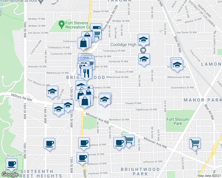 map of restaurants, bars, coffee shops, grocery stores, and more near 717 Quackenbos Street Northwest in Washington
