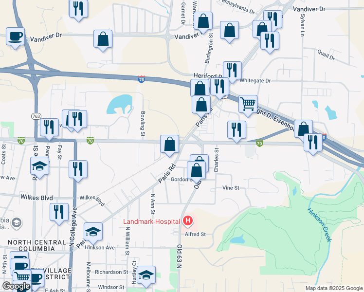 map of restaurants, bars, coffee shops, grocery stores, and more near 1727-1849 Paris Rd in Columbia