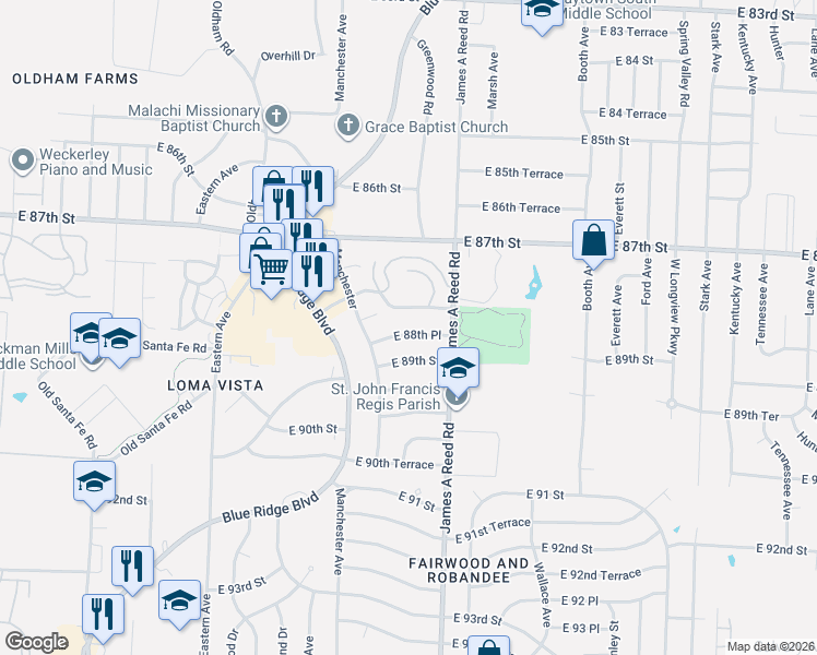 map of restaurants, bars, coffee shops, grocery stores, and more near 8003 East 88th Terrace in Kansas City