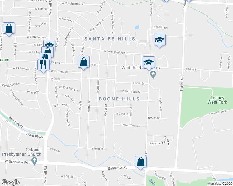 map of restaurants, bars, coffee shops, grocery stores, and more near 410 East 90th Terrace in Kansas City