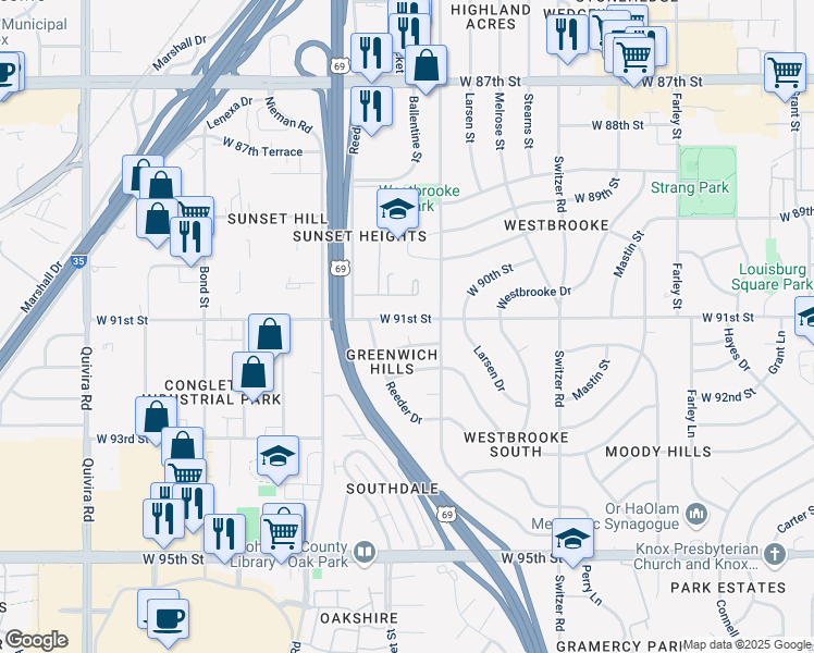 map of restaurants, bars, coffee shops, grocery stores, and more near 10822 West 91st Street in Overland Park