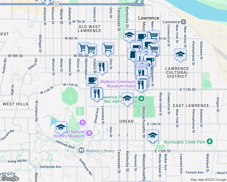 map of restaurants, bars, coffee shops, grocery stores, and more near 1045 Tennessee Street in Lawrence
