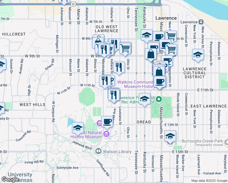 map of restaurants, bars, coffee shops, grocery stores, and more near 185 College Dr P in Lawrence