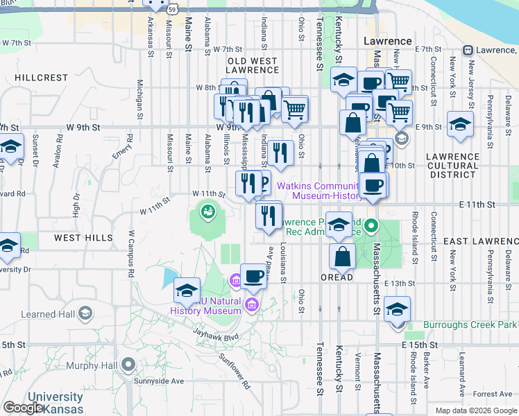 map of restaurants, bars, coffee shops, grocery stores, and more near 185 College Dr P in Lawrence