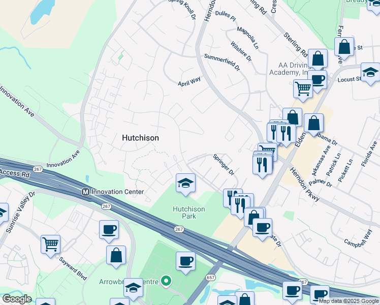 map of restaurants, bars, coffee shops, grocery stores, and more near 2204 Frear Place in Herndon