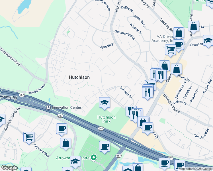map of restaurants, bars, coffee shops, grocery stores, and more near 2206 Frear Place in Herndon
