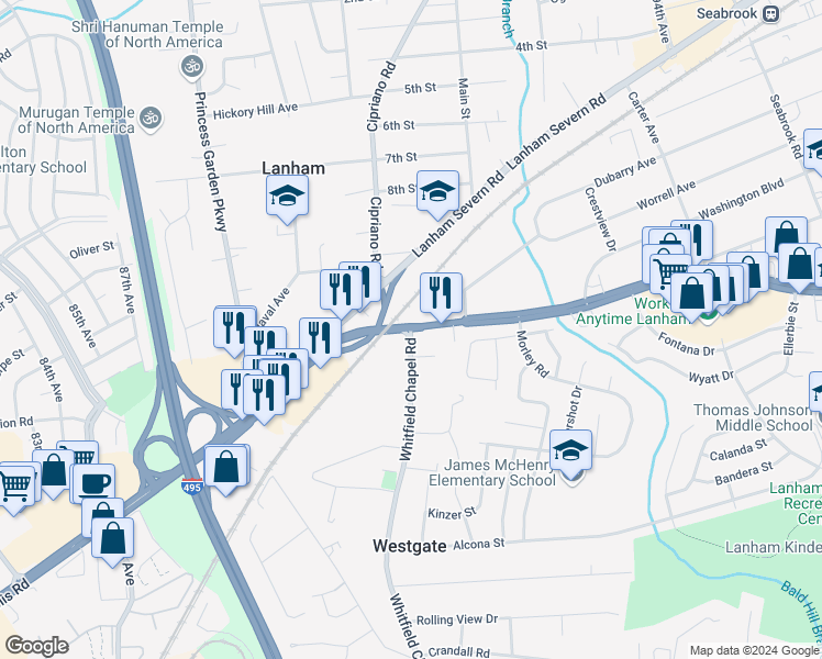 map of restaurants, bars, coffee shops, grocery stores, and more near Annapolis Road in Lanham